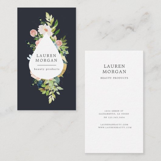 Midnight Blue Blush Bloemen Gouden Rand Visitekaartje (Voorkant / Achterkant)