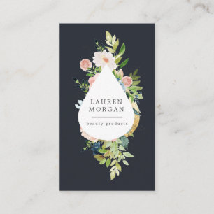Midnight Blue Blush Bloemen Gouden Rand Visitekaartje