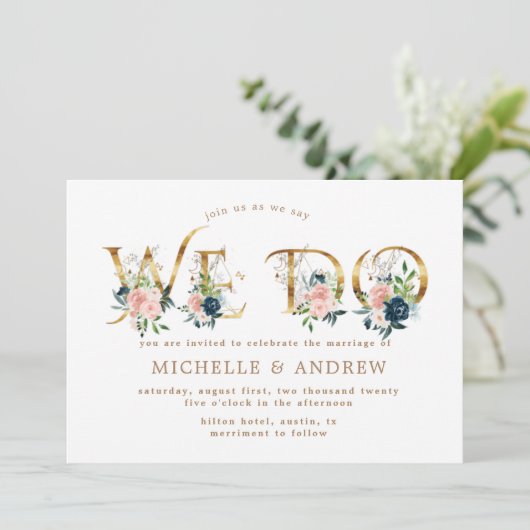 Midnight Blue Blush Bloemen We Do Wedding Kaart (Staand voorkant)
