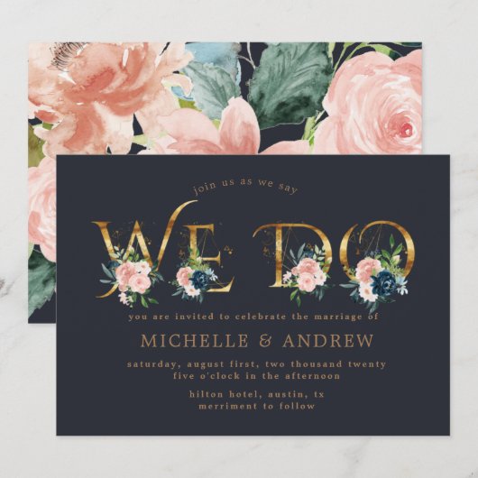 Midnight Blue Blush Bloemen We Do Wedding Kaart (Voorkant / Achterkant)