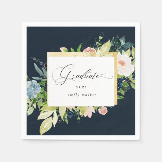 Midnight Blue Blush Floral Afstuderen servetten (Voorkant)