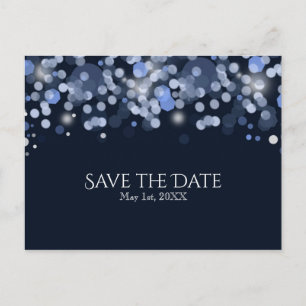 Midnight Blue Bokeh Lights Wedding Save the Date Aankondigingskaart