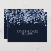 Midnight Blue Bokeh Lights Wedding Save the Date Aankondigingskaart (Voorkant / Achterkant)