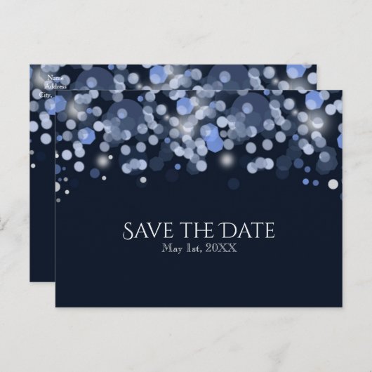 Midnight Blue Bokeh Lights Wedding Save the Date Aankondigingskaart (Voorkant / Achterkant)