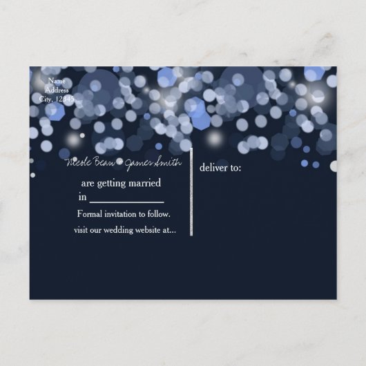 Midnight Blue Bokeh Lights Wedding Save the Date Aankondigingskaart (Achterkant)