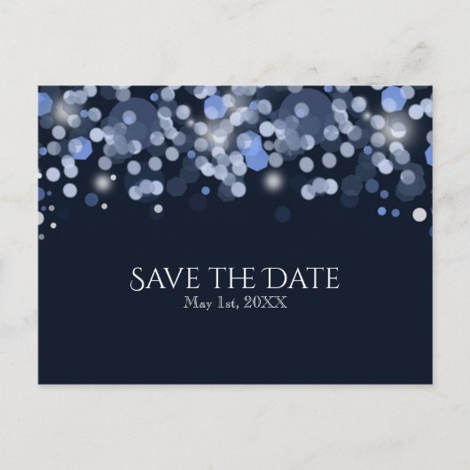 Midnight Blue Bokeh Lights Wedding Save the Date Aankondigingskaart (Voorkant)