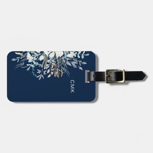 Midnight Blue Botanical Floral Bagagelabel (Voorkant horizontaal)
