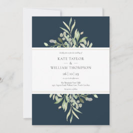 Midnight Blue Botanical Greenery Chic Wedding Kaart