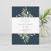 Midnight Blue Botanical Greenery Chic Wedding Kaart (Staand voorkant)