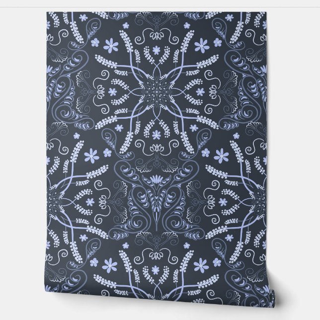 Midnight Blue Botanical Mandala Behang (Afrollen)