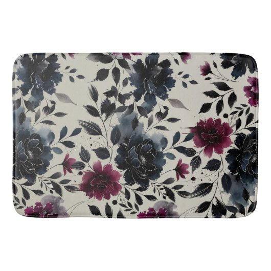 Midnight Blue Bourgogne Inky Floral Almond Beige Badmat (Voorkant)