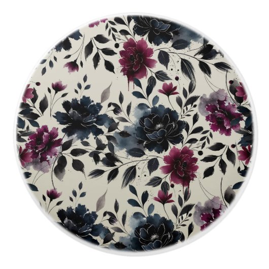 Midnight Blue Bourgogne Inky Floral Almond Beige Keramische Knop (Voorkant)