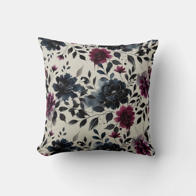 Midnight Blue Bourgogne Inky Floral Almond Beige Kussen (Voorkant)