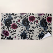 Midnight Blue Bourgogne Inky Floral Almond Beige Strandlaken (Voorkant)