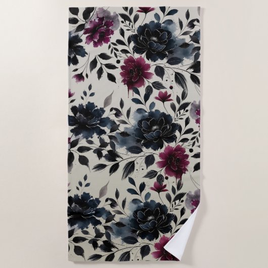 Midnight Blue Bourgogne Inky Floral Almond Beige Strandlaken (Voorkant)