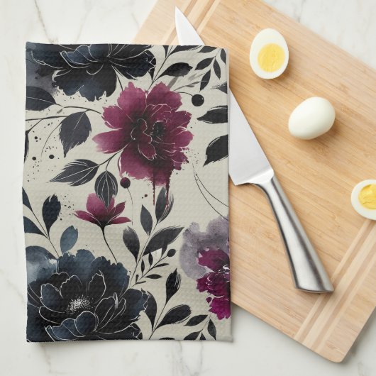 Midnight Blue Bourgogne Inky Floral Almond Beige Theedoek (Quarter Fold)