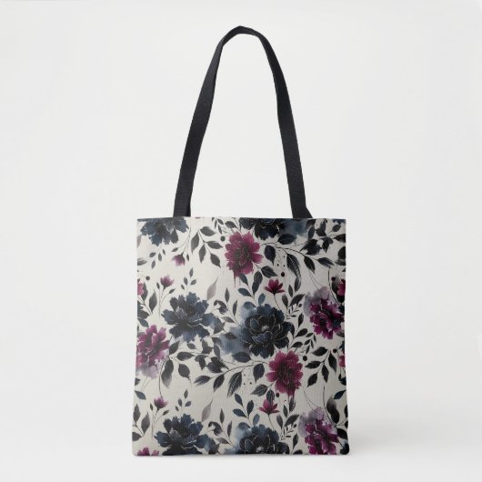 Midnight Blue Bourgogne Inky Floral Almond Beige Tote Bag (Voorkant)