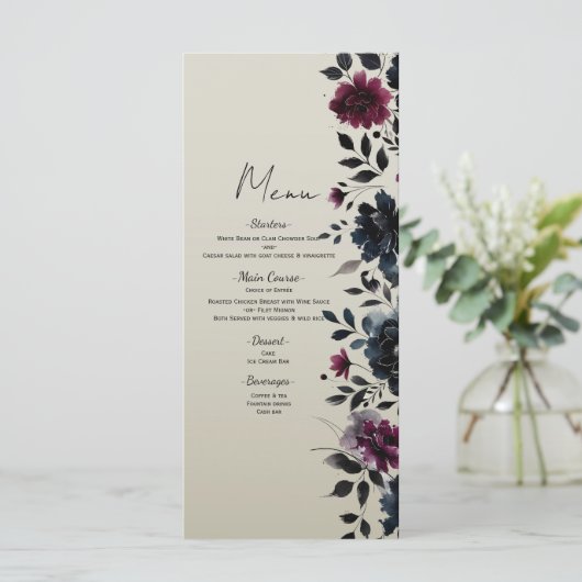 Midnight Blue Bourgogne Inky Floral Almond Menu (Staand voorkant)