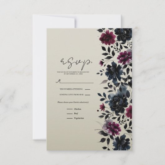 Midnight Blue Bourgogne Inky Floral Almond RSVP (Voorkant)