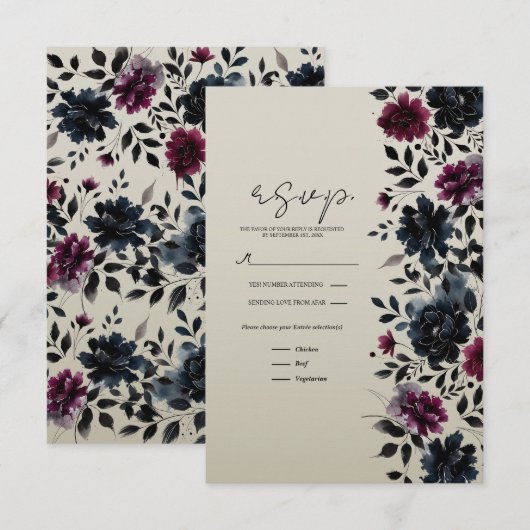 Midnight Blue Bourgogne Inky Floral Almond RSVP (Voorkant / Achterkant)