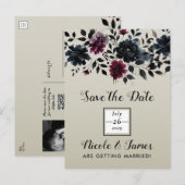 Midnight Blue Bourgogne Inky Floral Amandelbruilof Aankondigingskaart (Voorkant / Achterkant)