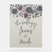 Midnight Blue Bourgogne Inky Floral Amandelbruilof Acryl Bord (Voorkant)