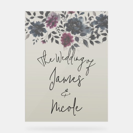 Midnight Blue Bourgogne Inky Floral Amandelbruilof Acryl Bord (Voorkant)