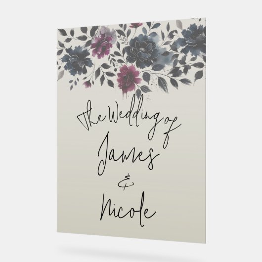 Midnight Blue Bourgogne Inky Floral Amandelbruilof Acryl Bord (Hoek)