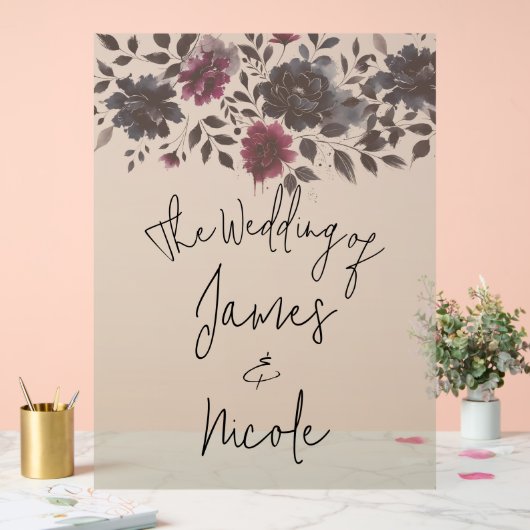 Midnight Blue Bourgogne Inky Floral Amandelbruilof Acryl Bord (Huwelijk)