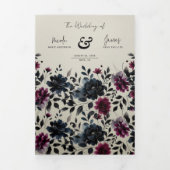 Midnight Blue Bourgogne Inky Floral Amandelbruilof Drieluik Uitnodiging (Cover)