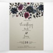 Midnight Blue Bourgogne Inky Floral Amandelbruilof Drieluik Uitnodiging (Binnenkant midden)