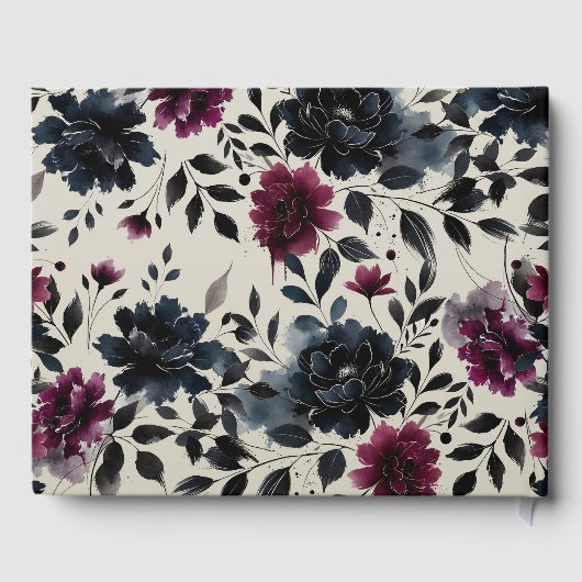 Midnight Blue Bourgogne Inky Floral Amandelbruilof Gastenboek (Achterkant)