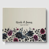 Midnight Blue Bourgogne Inky Floral Amandelbruilof Gastenboek (Voorkant)