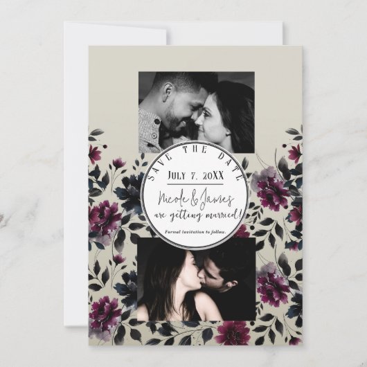 Midnight Blue Bourgogne Inky Floral Amandelbruilof Kaart (Voorkant)