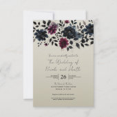 Midnight Blue Bourgogne Inky Floral Amandelbruilof Kaart (Voorkant)