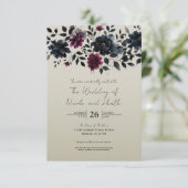 Midnight Blue Bourgogne Inky Floral Amandelbruilof Kaart (Staand voorkant)