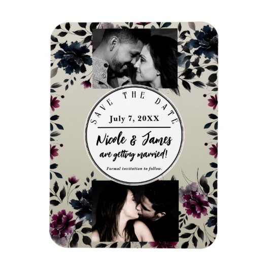 Midnight Blue Bourgogne Inky Floral Amandelbruilof Magneet (Verticaal)