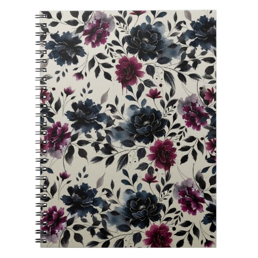 Midnight Blue Bourgogne Inky Floral Amandelbruilof Notitieboek (Voorkant)