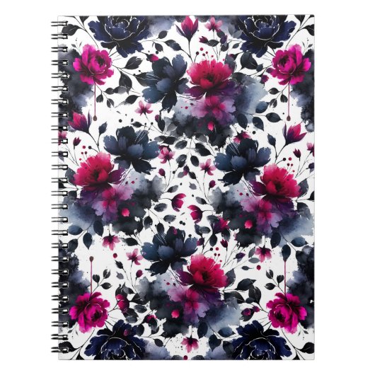 Midnight Blue Bourgogne Inky Floral Amandelbruilof Notitieboek (Voorkant)