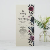 Midnight Blue Bourgogne Inky Floral Amandelbruilof Programmakaart (Staand voorkant)