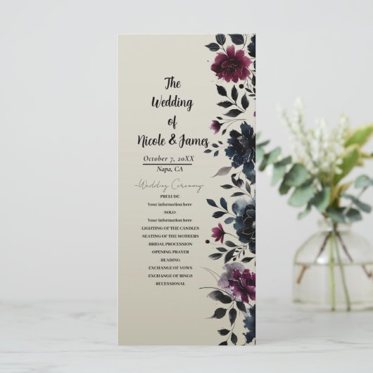 Midnight Blue Bourgogne Inky Floral Amandelbruilof Programmakaart (Staand voorkant)