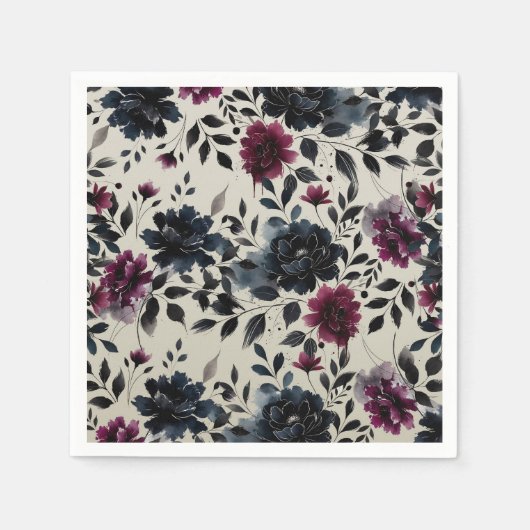 Midnight Blue Bourgogne Inky Floral Amandelbruilof Servet (Voorkant)