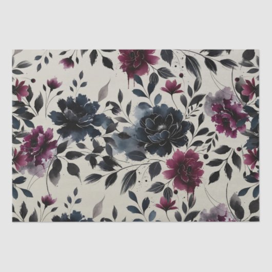 Midnight Blue Bourgogne Inky Floral Amandelbruilof Tissuepapier (Voorkant)