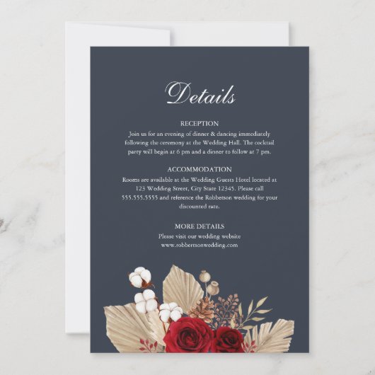 Midnight Blue Bourgogne Rozen Bruiloft Details Kaa Kaart (Voorkant)