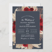 Midnight Blue Bourgogne Rozen bruiloft uitnodiging (Voorkant)