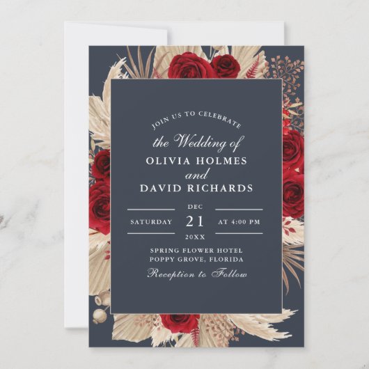 Midnight Blue Bourgogne Rozen bruiloft uitnodiging (Voorkant)