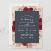 Midnight Blue Bourgogne Rozen bruiloft uitnodiging (Voorkant)