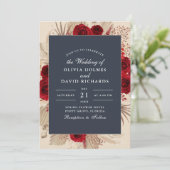 Midnight Blue Bourgogne Rozen bruiloft uitnodiging (Staand voorkant)