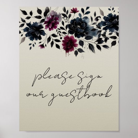 Midnight Blue Bourgondië Inky Floral Guestbook Sig Poster (Voorkant)