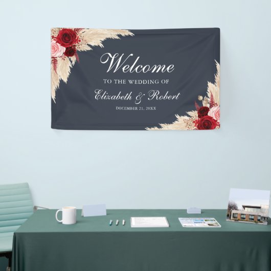 Midnight Blue Bourgondische Rozen Welkom Bruiloft Spandoek (Beurs)